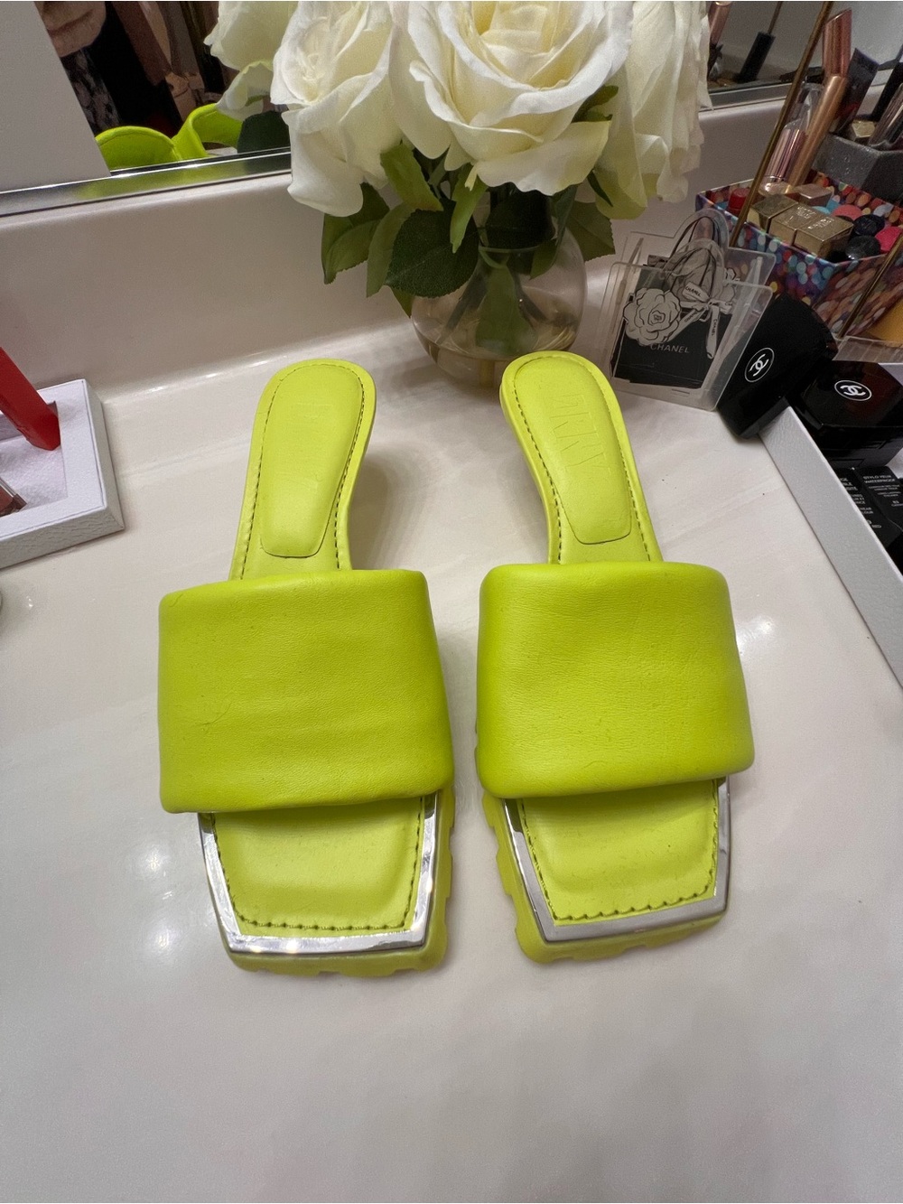 DKNY Neon Lime Padded Strap Slide Mules - Excellent condition